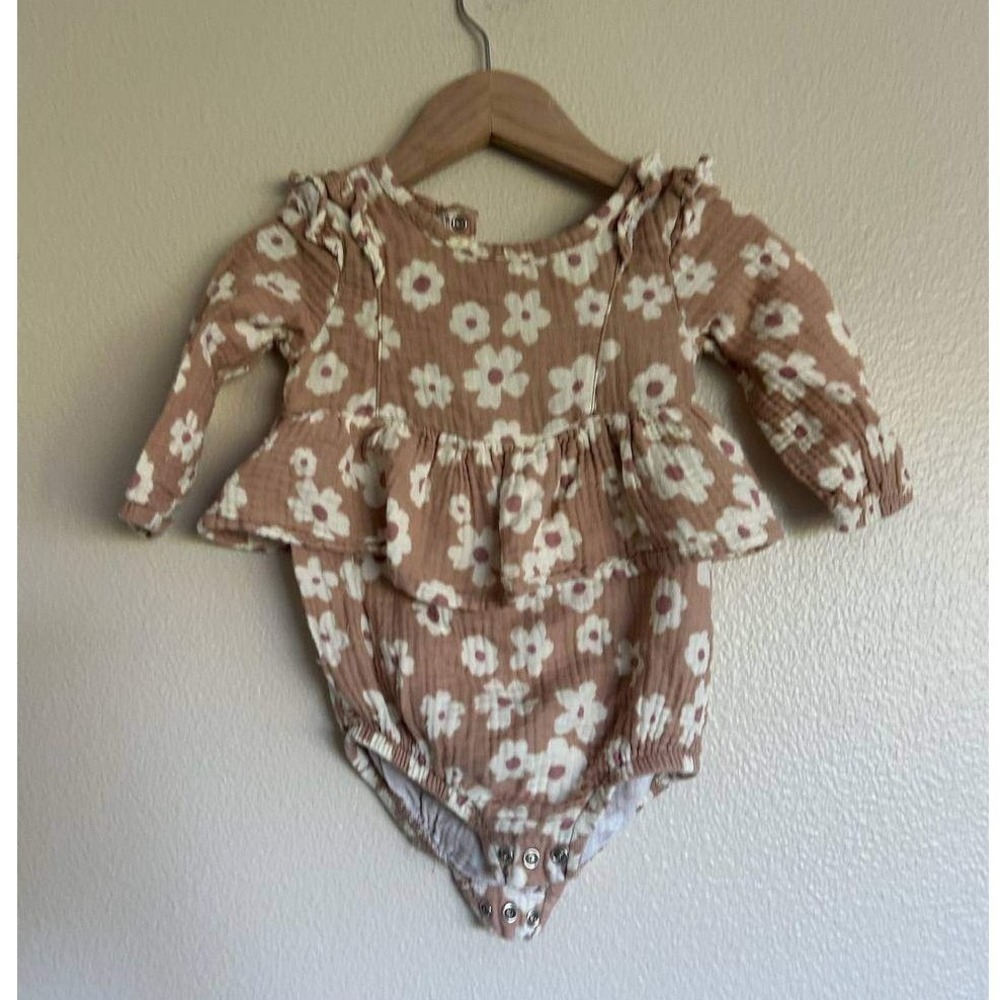 Grayson Baby Romper 6-9M Pink Floral Muslin Long Sleeve Peplum Scandi Boho
